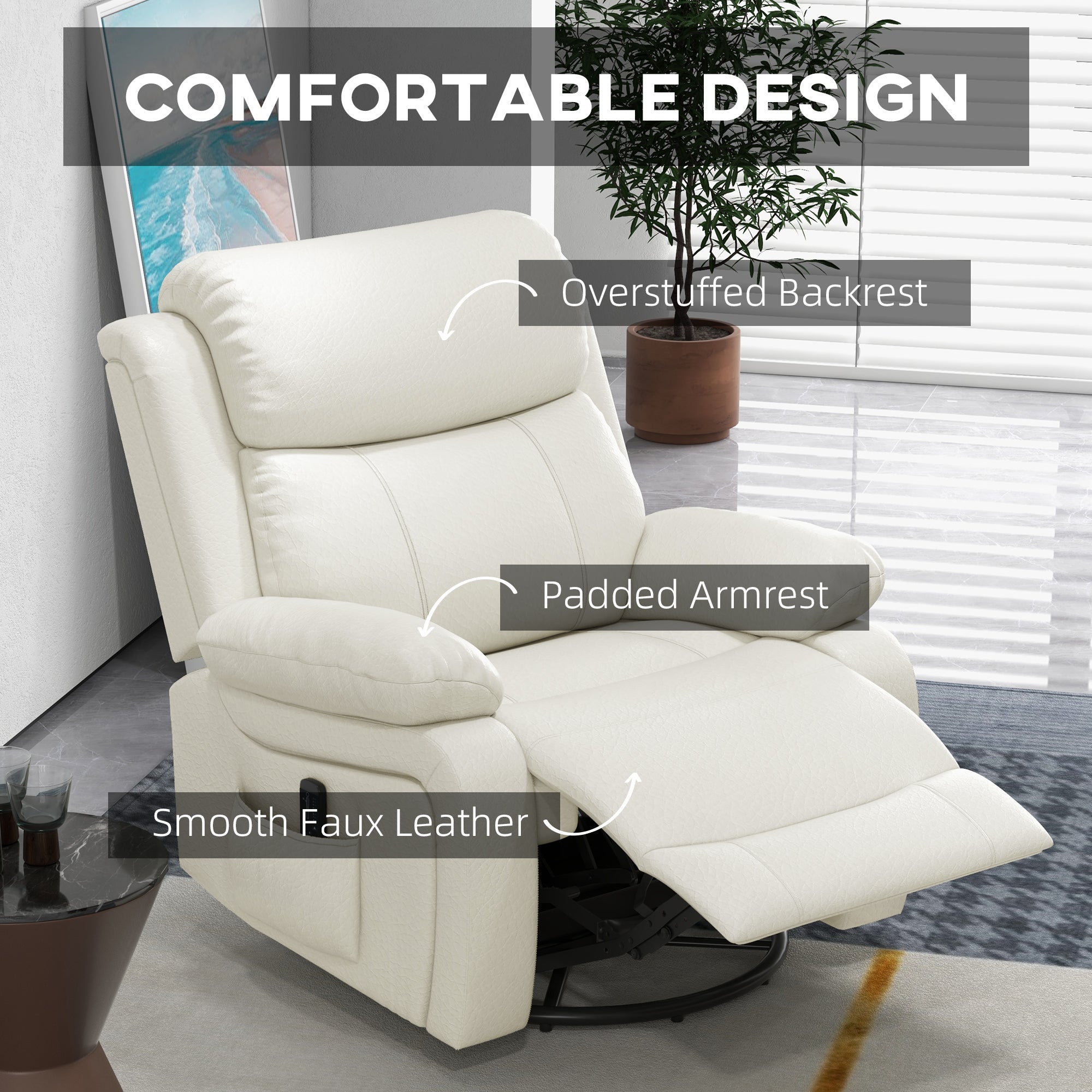 PU Leather Reclining Chair with Vibration Massage Recliner, Swivel Base, Rocking Function, Remote Control, Cream White Single Sofas   at Gallery Canada