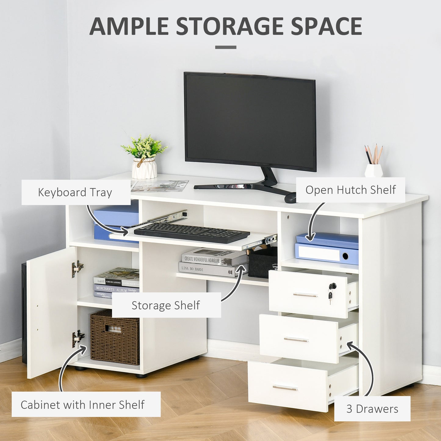 Computer Desk with Keyboard Tray and Drawers, Writing Desk, Home Office Workstation, White Computer Desks   at Gallery Canada