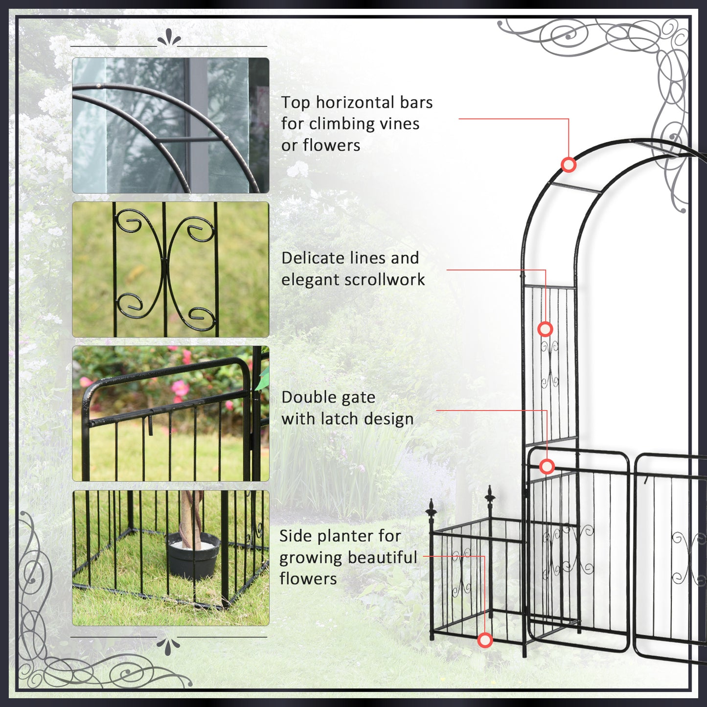 7.2FT Metal Garden Arbor Arch with Double Doors, 2 Side Planter Baskets, Climbing Vine Frame, Black Garden Arches   at Gallery Canada