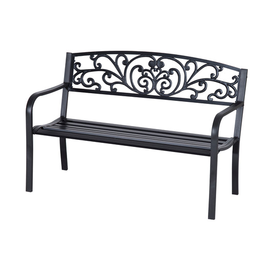 50" 2-Seater Garden Bench Chair, Outdoor Blossoming Pattern Garden Decorative Loveseat Bench for Yard, Lawn, Porch, Black - Gallery Canada