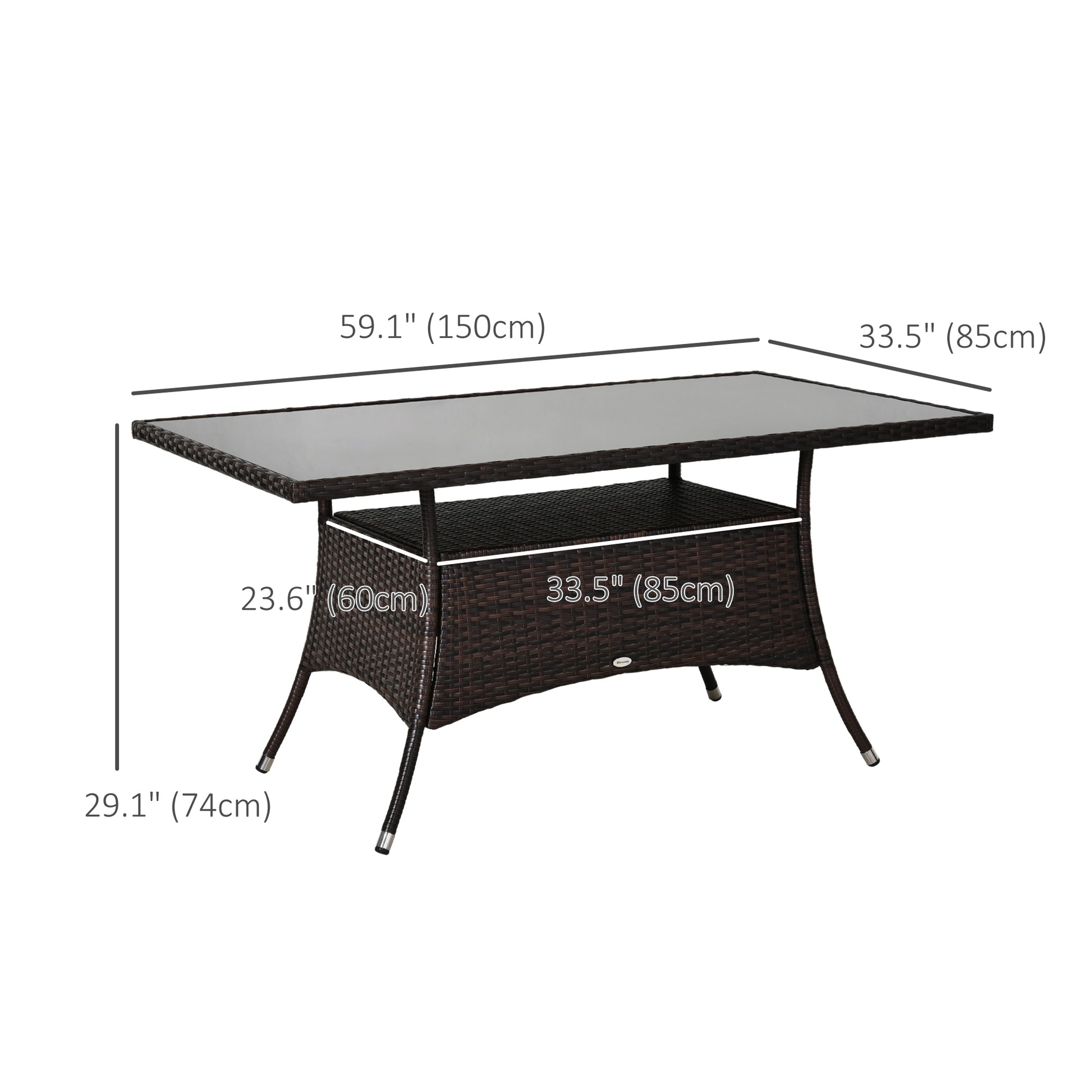 Garden Dining Table, Patio Rattan Dining Table with Glass Top, Storage Shelf for Yard, 59" x 34" x 29", Brown Patio Dinning Tables   at Gallery Canada