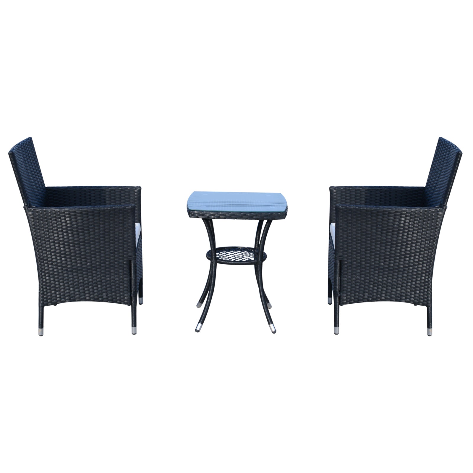 3 Pieces Patio Bistro Set, Outdoor PE Rattan Porch Furniture with Two Armchairs, Glass Top Coffee Table, Black Bistro Sets   at Gallery Canada