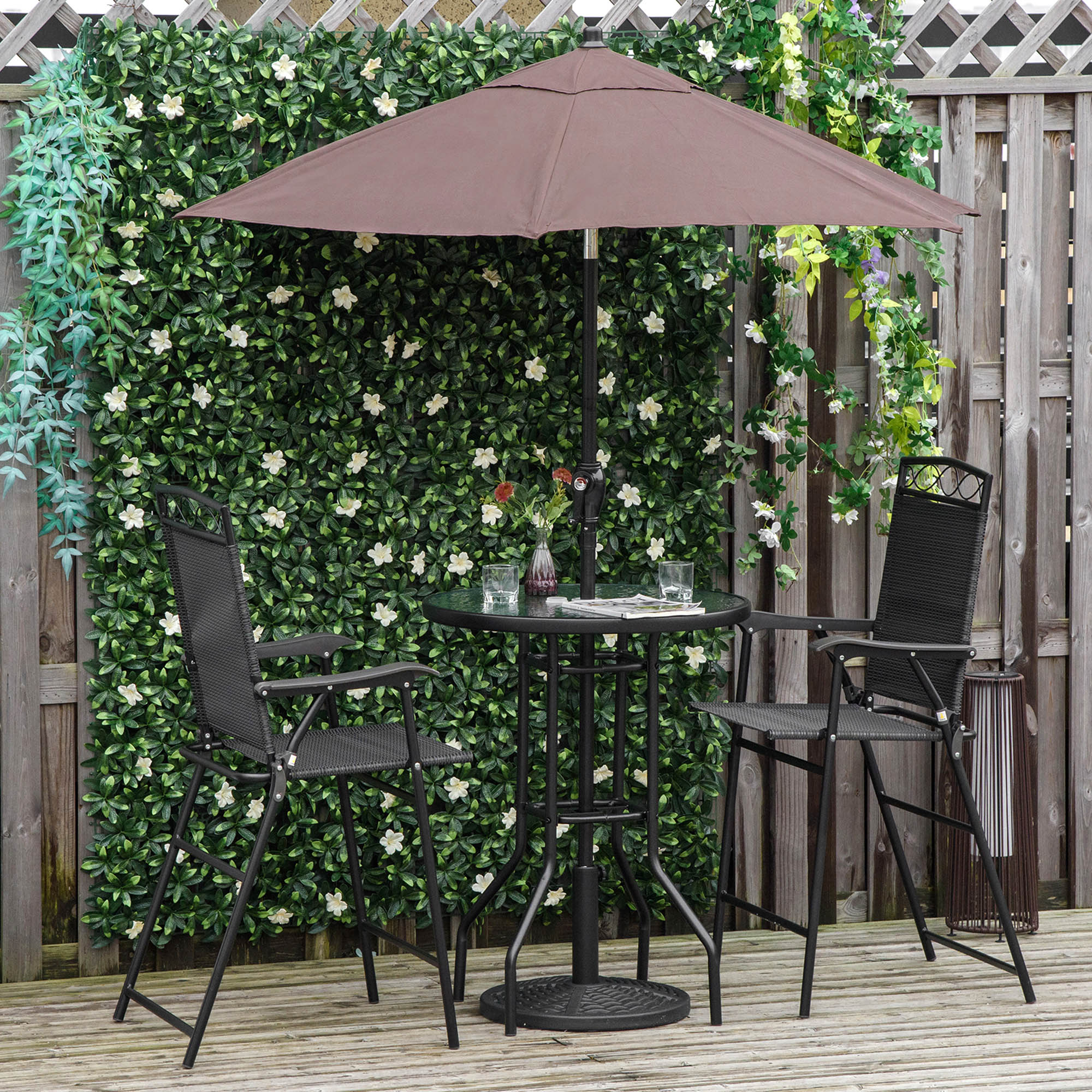 4 Piece Patio Bar Set, Sling Folding Outdoor Furniture with Brown Umbrella for Poolside, Backyard and Garden, Black Bistro Sets   at Gallery Canada