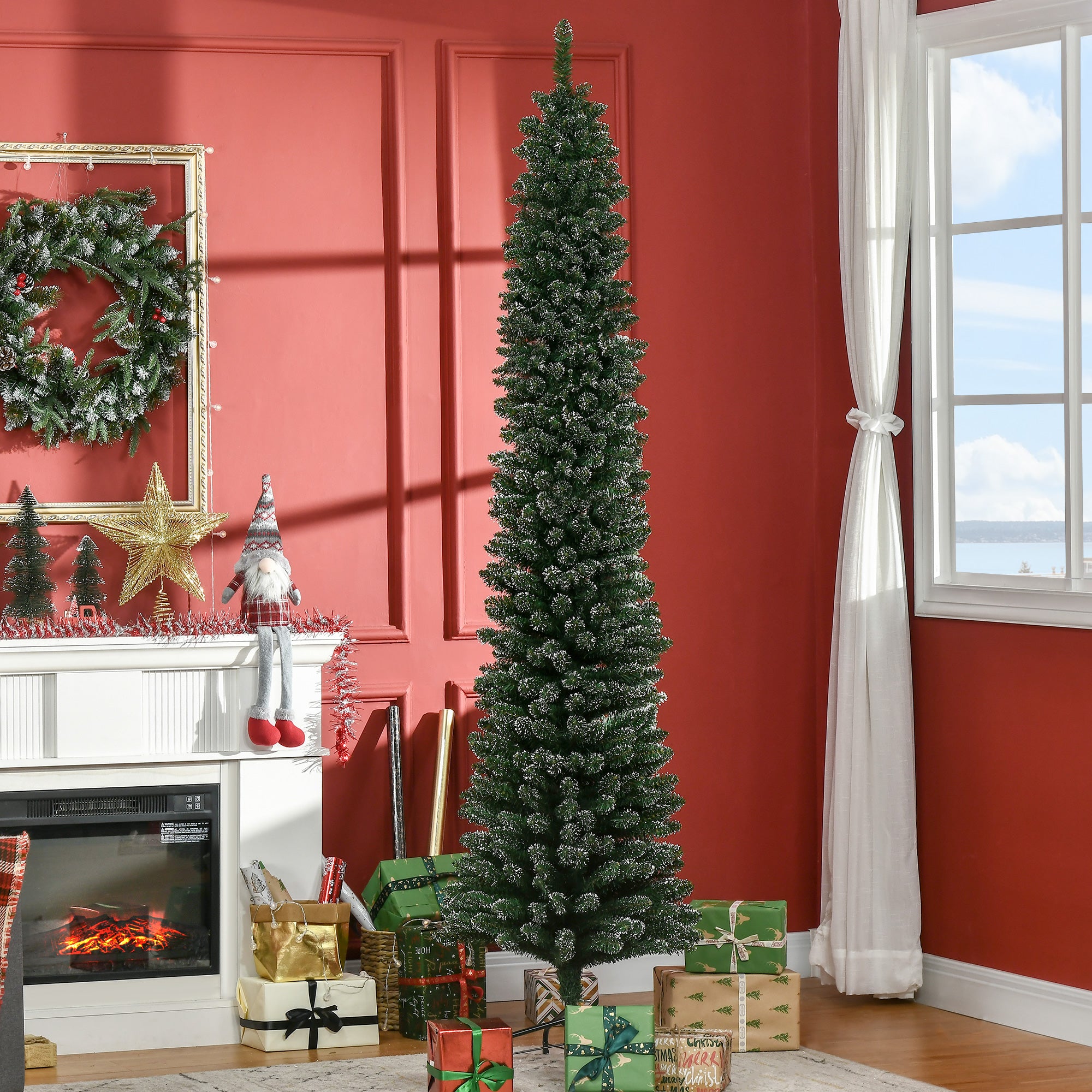 7.5FT Artificial Snow Dipped Christmas Tree Xmas Pencil Tree Holiday Home Indoor Decoration with Foldable Black Stand, Green Pencil Christmas Trees   at Gallery Canada