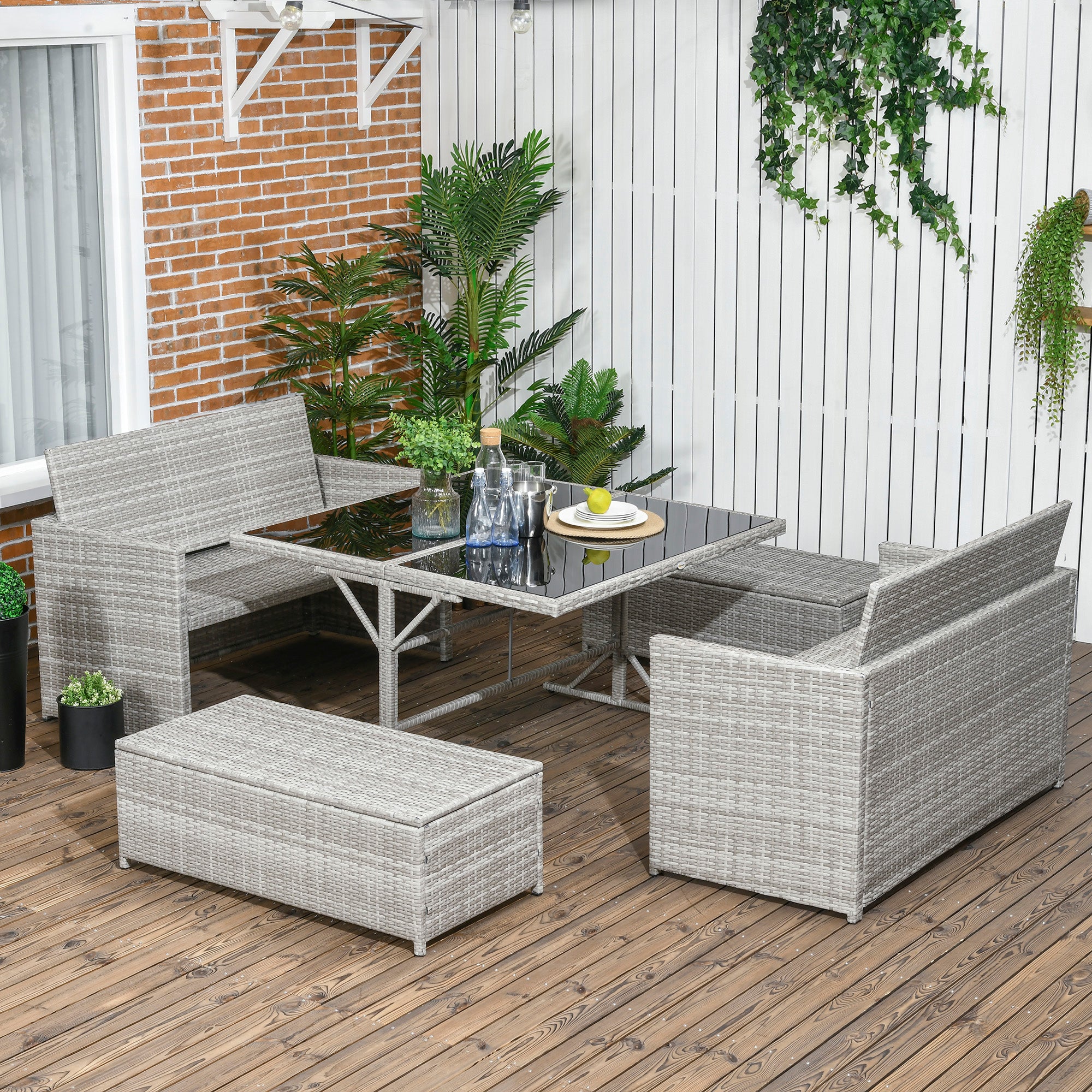 6-Seater Wicker Patio Dining Set with Cushions, Glass Tabletop, Gray Outdoor Dining Sets   at Gallery Canada