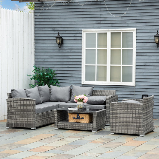 5 Pieces Wicker Patio Furniture Set with 4" Thick Cushions, Outdoor PE Rattan Garden Conversation Sectional Sofa Set with Glass Top Two-tier Coffee Table, Grey - Gallery Canada