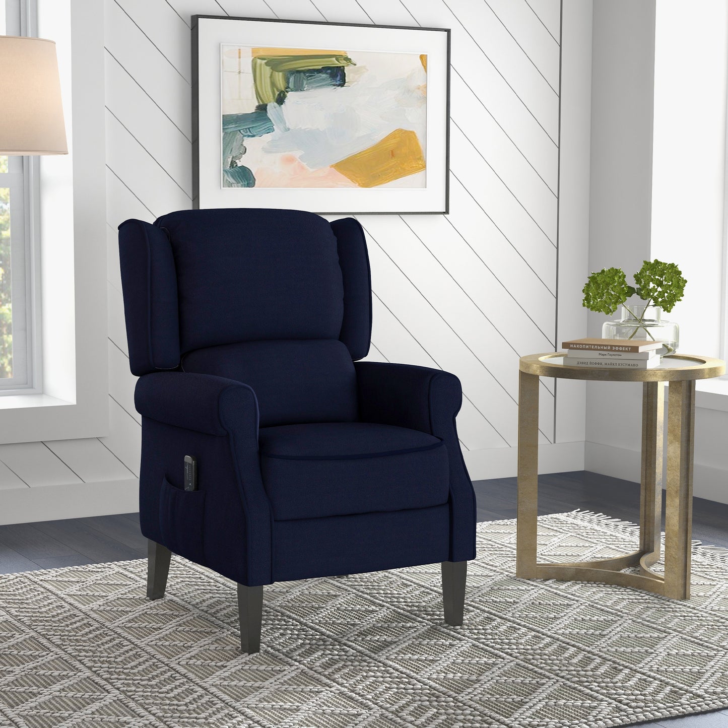 Push Back Recliner Chair, Vibration Massage Recliner for Living Room with Extendable Footrest, Remote, Pocket, Blue Single Sofas   at Gallery Canada