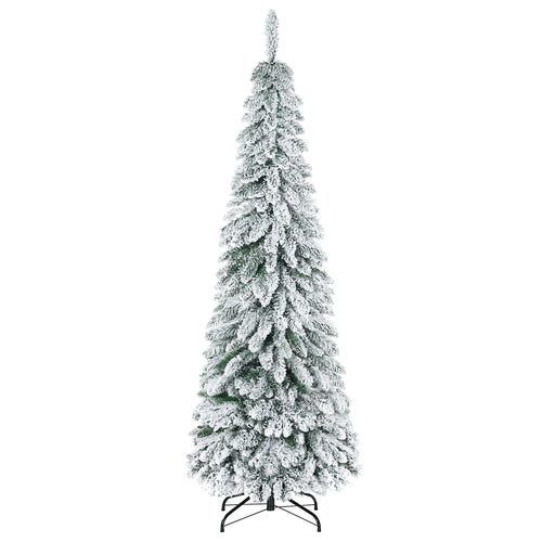 6' Artificial Slim Flocked Christmas Trees, with Snow Frosted Branches, Downswept Shape, Steel Base, Green