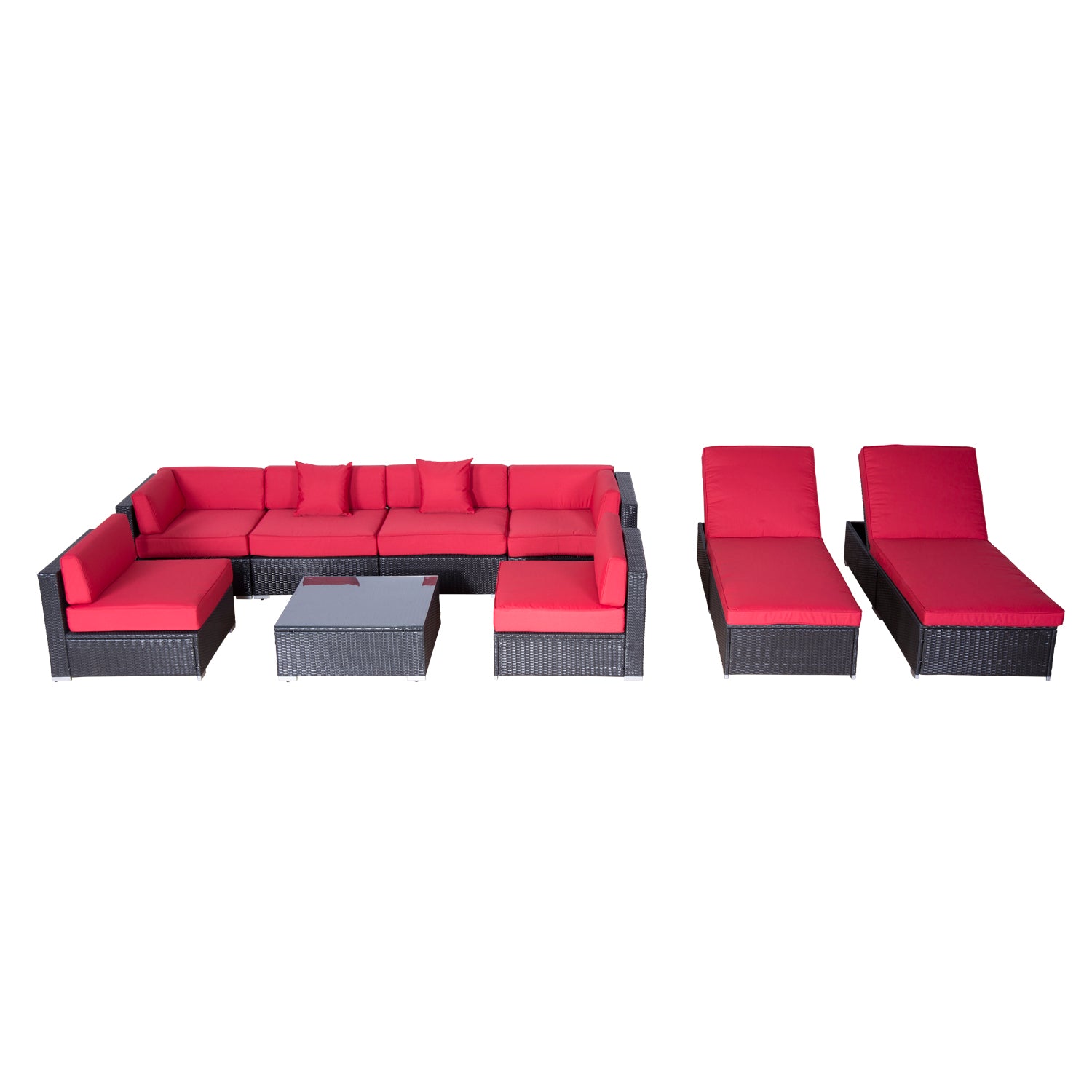 9-Piece Wicker Patio Furniture Set with Cushions, Loungers, Glass Table, Coffee/Red Patio Furniture Sets Multi Colour  at Gallery Canada