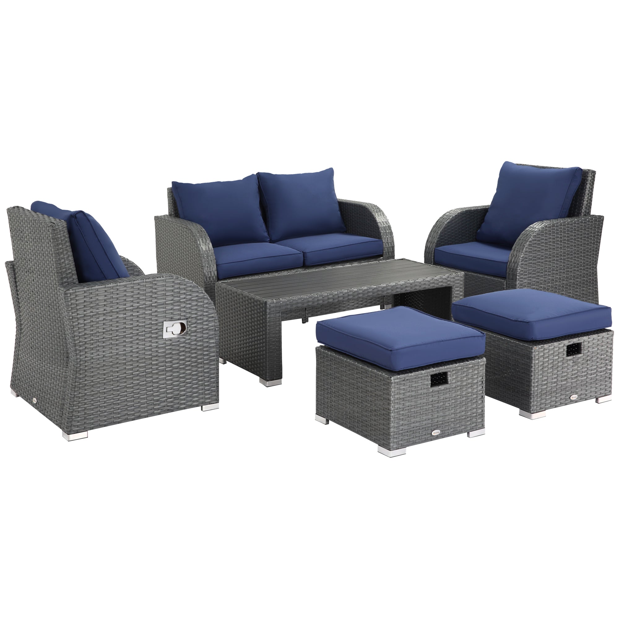 6-PCs Outdoor Rattan Wicker Sofa Set Angle Adjustable Recline Single Chair, w/ Gas Spring &; Soft Washable Cushions, Dark Blue Patio Furniture Sets Dark Blue  at Gallery Canada