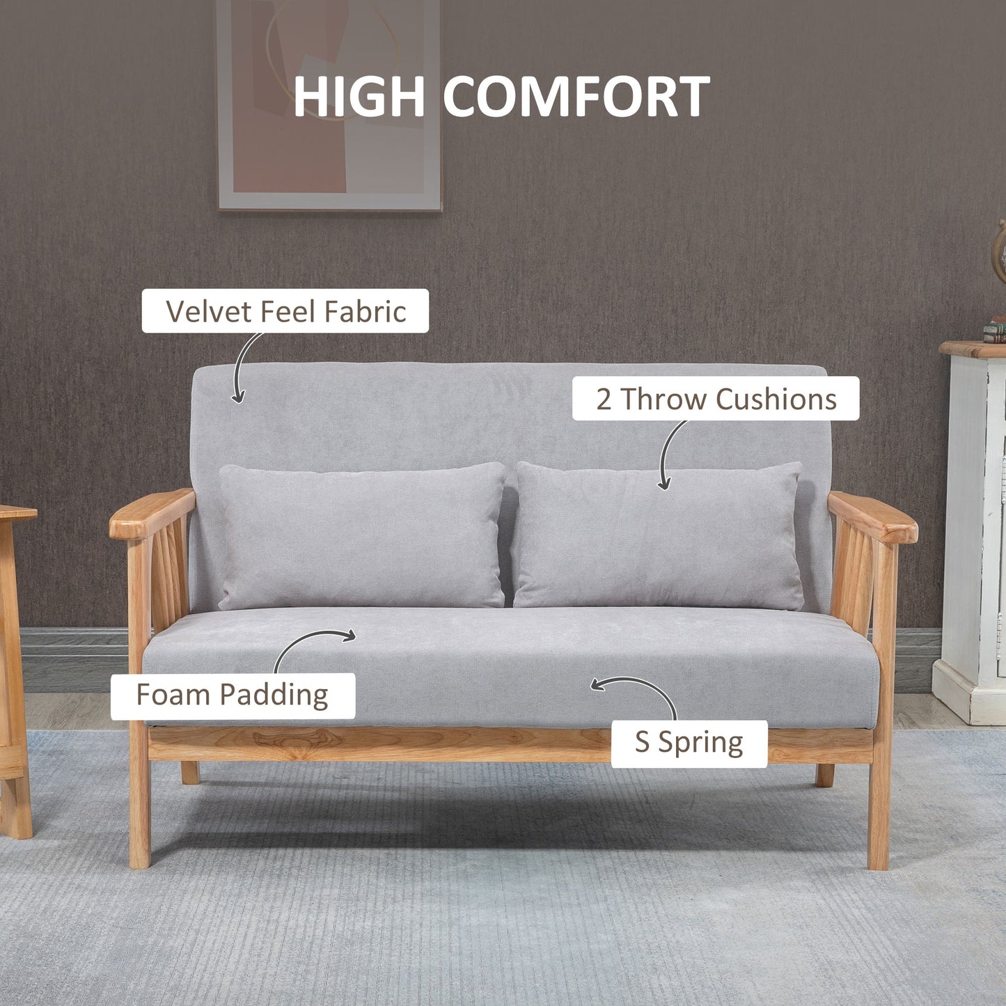 51" 2 Seat Sofa, Modern Love Seats Furniture, Upholstered 2 Seater Couch with 2 Throw Cushions, Rubber Wood Frame, Gray 2-Seater Sofas   at Gallery Canada