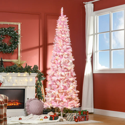 Prelit 7.5 Ft Snow Flocked Pencil Christmas Tree, 700 Branches, LED Lights, Pink