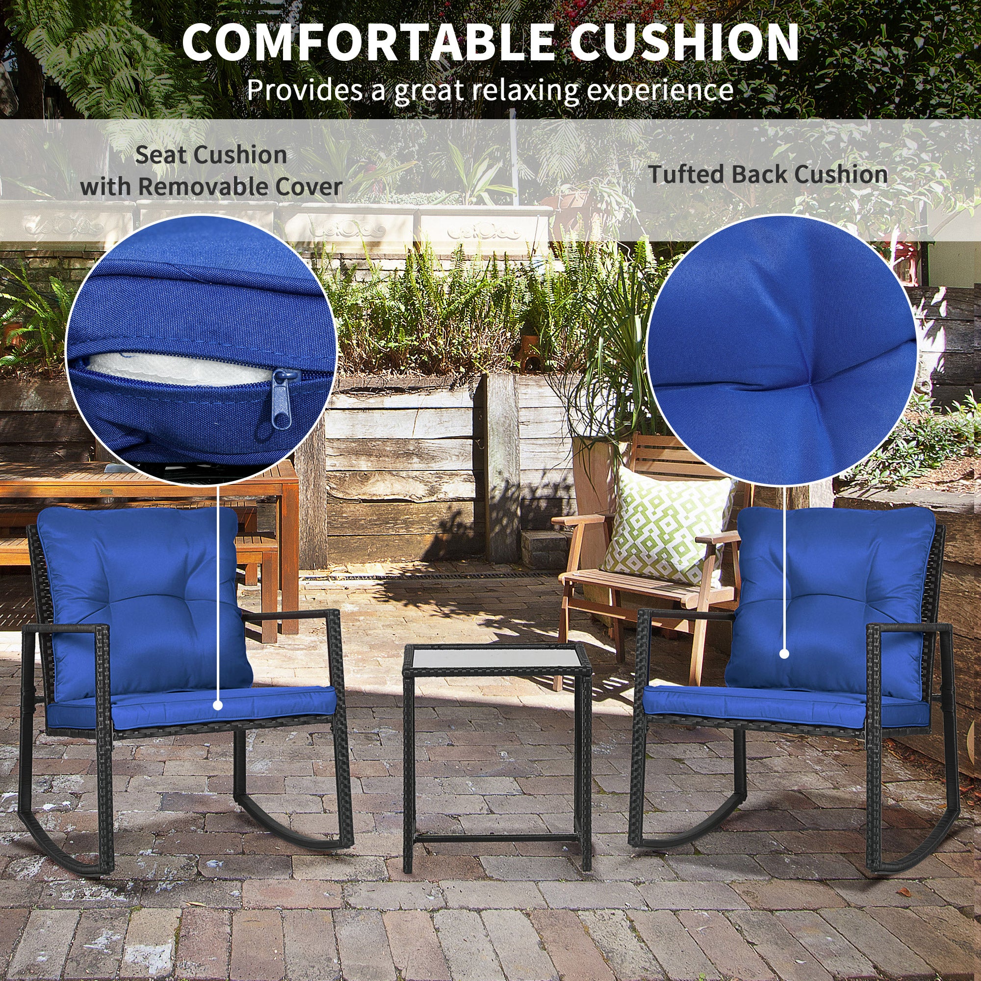 Outdoor Wicker Rocking Bistro Set with Cushions and Glass Table, Blue Outdoor Rocking Chairs   at Gallery Canada