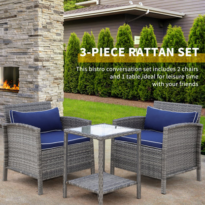 3 Pieces Patio Wicker Coffee Table Set Bistro Conversation Furniture with Cushion for Patio Yard Porch Blue Bistro Sets   at Gallery Canada