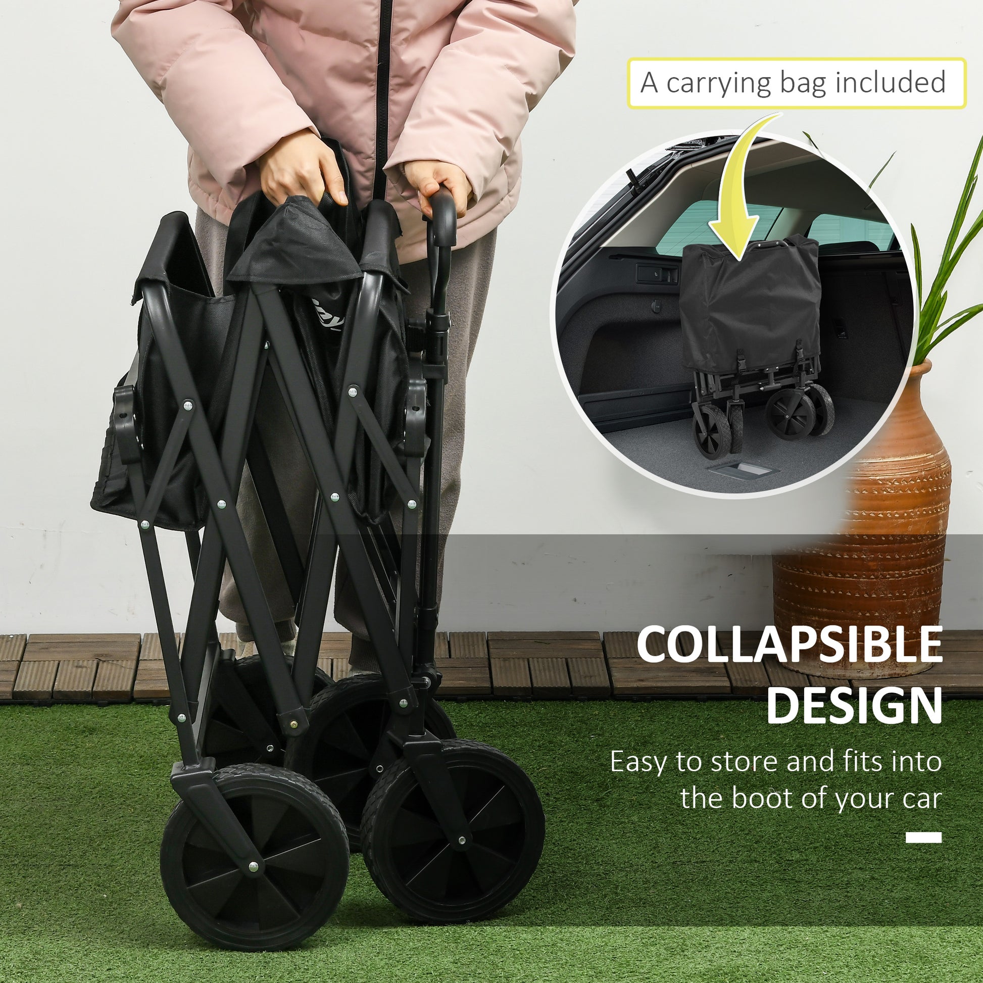 Steel Frame Folding Garden Cart, Collapsible Wagon Cart with Removable Canopy, Telescopic Handle and Carrying Bag - Gallery Canada