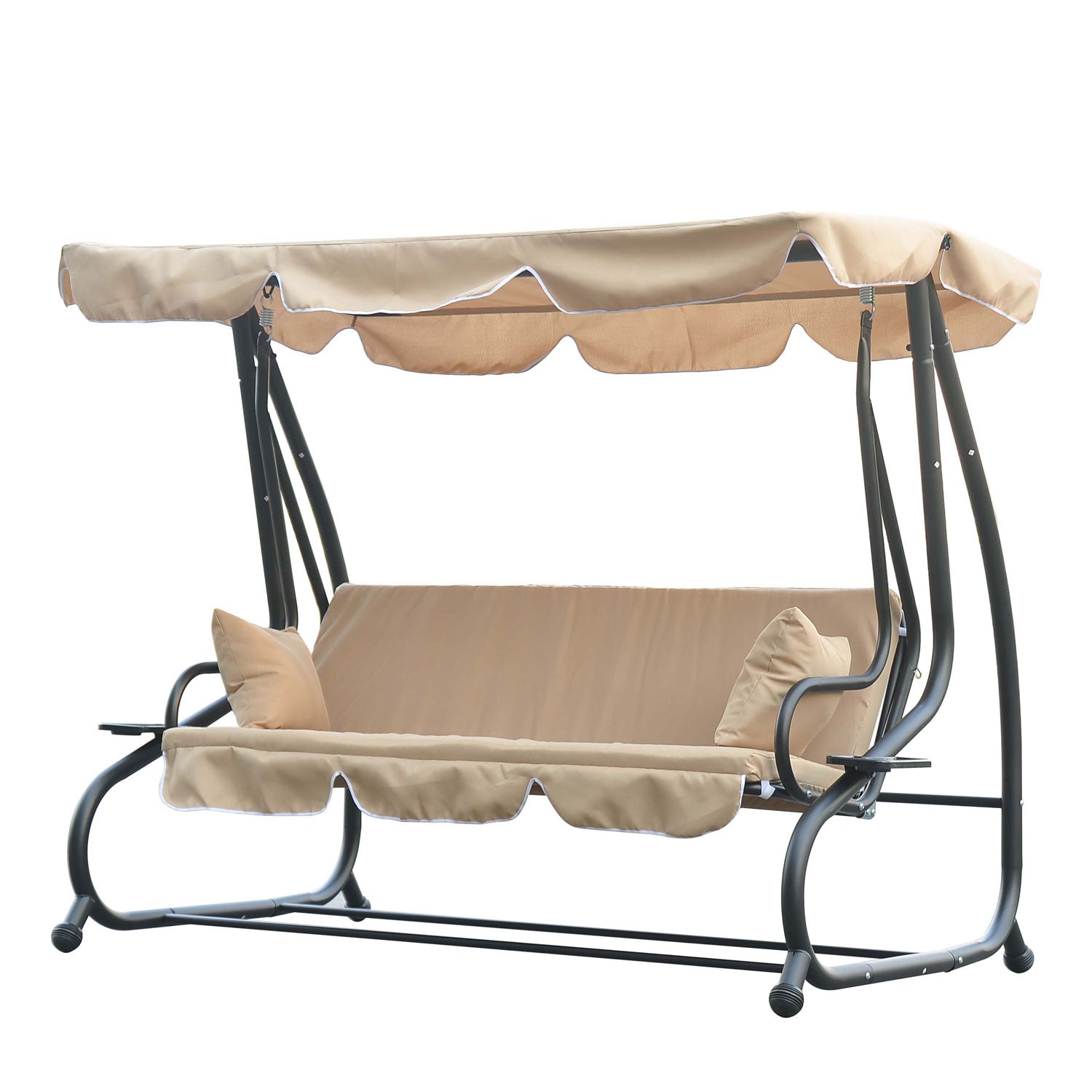 3-Seat Outdoor Patio Swing Chair, Converting Flat Bed, Canopy Swing with Adjustable Shade, Removable Cushions, Cup Holder, Light Brown Porch Swings with Canopy Light Brown  at Gallery Canada