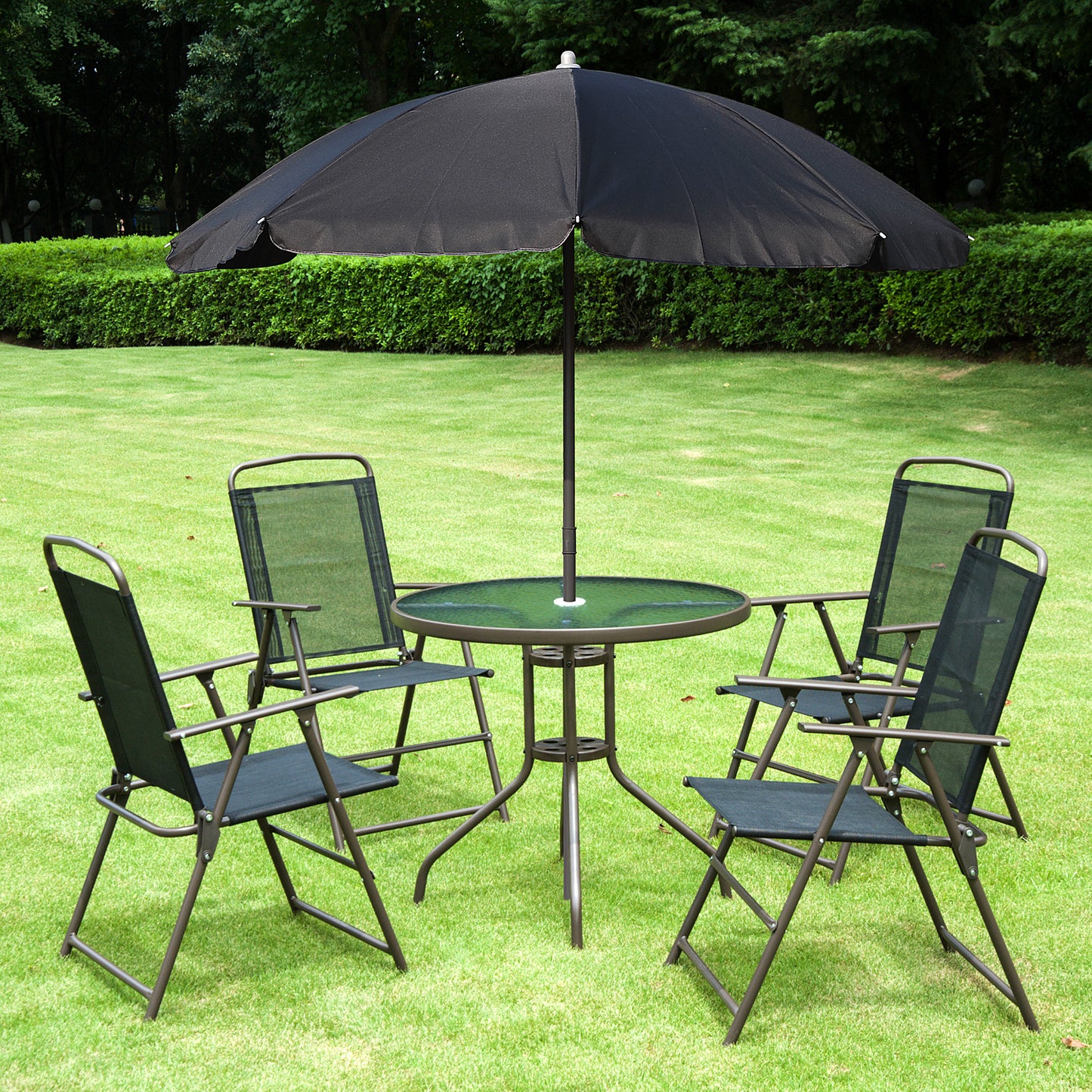 6 Pieces Outdoor Dining Set for 4 with Umbrella Patio Outdoor Furniture Set with Round Table 4 Folding Chairs Black Outdoor Dining Sets   at Gallery Canada