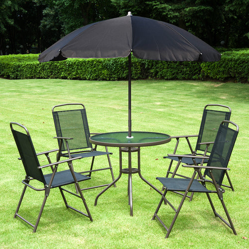 6 Pieces Outdoor Dining Set for 4 with Umbrella Patio Outdoor Furniture Set with Round Table 4 Folding Chairs Black