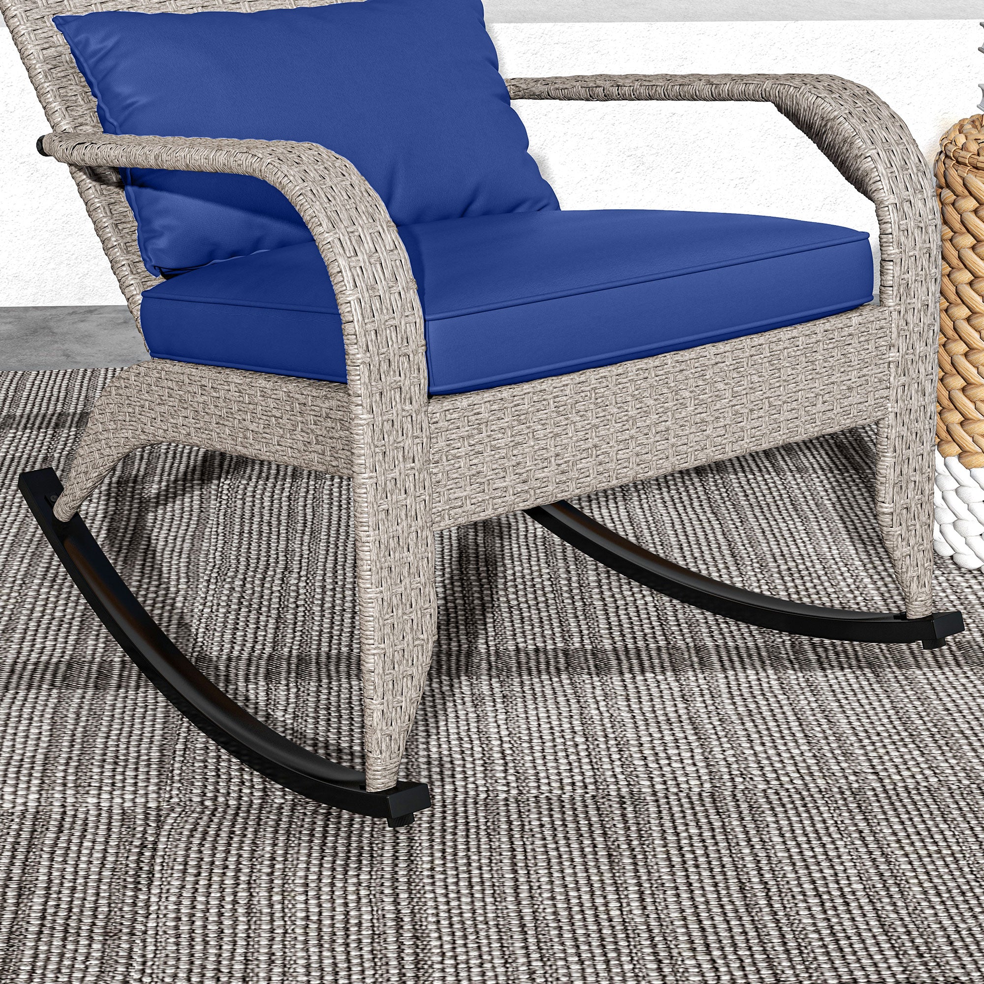 Adirondack Chair, Outdoor Wicker Rocking Chair with High Back, Seat Cushion and Pillow for Porch, Balcony, Dark Blue Patio Chairs   at Gallery Canada