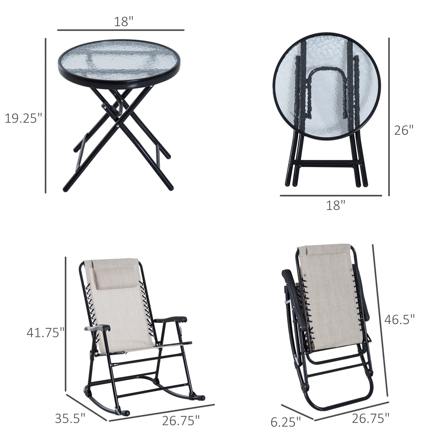 Foldable Patio Rocking Chair Set with Table, Mesh Seat & Headrest, Cream Outdoor Rocking Chairs   at Gallery Canada