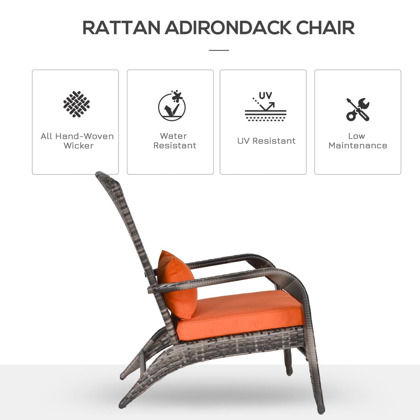 Wicker Adirondack Chair with Cushions, Tall Backrest, Armrests for Patio, Orange Patio Chairs   at Gallery Canada