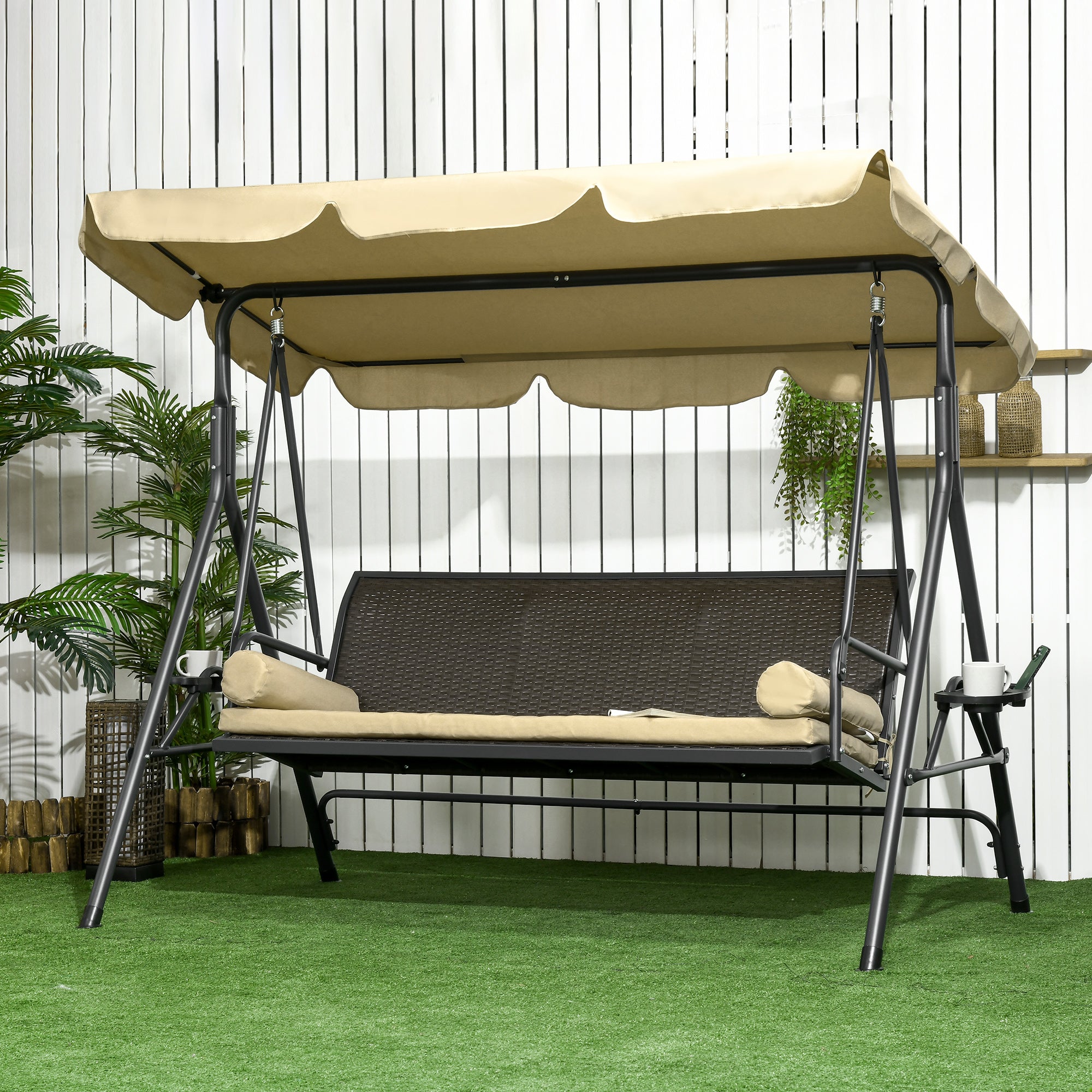 Outdoor 3-Seat Porch Swing with Canopy, Rattan Seat, Removable Cushion, Pillows and Steel Frame Patio Swings with Stand   at Gallery Canada