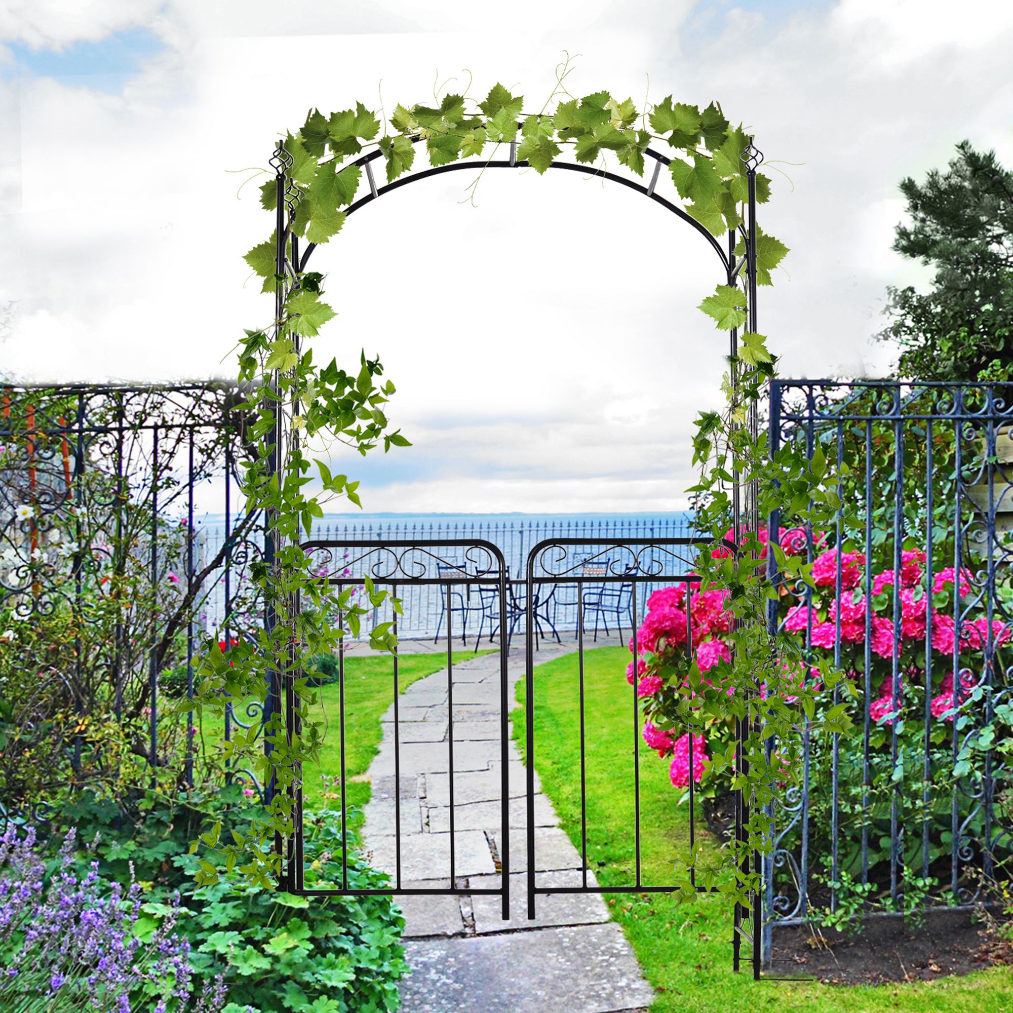 7' Metal Garden Arbor Arch with Scrollwork Doors for Ceremony, Weddings, Party, Backyard, Lawn Garden Arches   at Gallery Canada