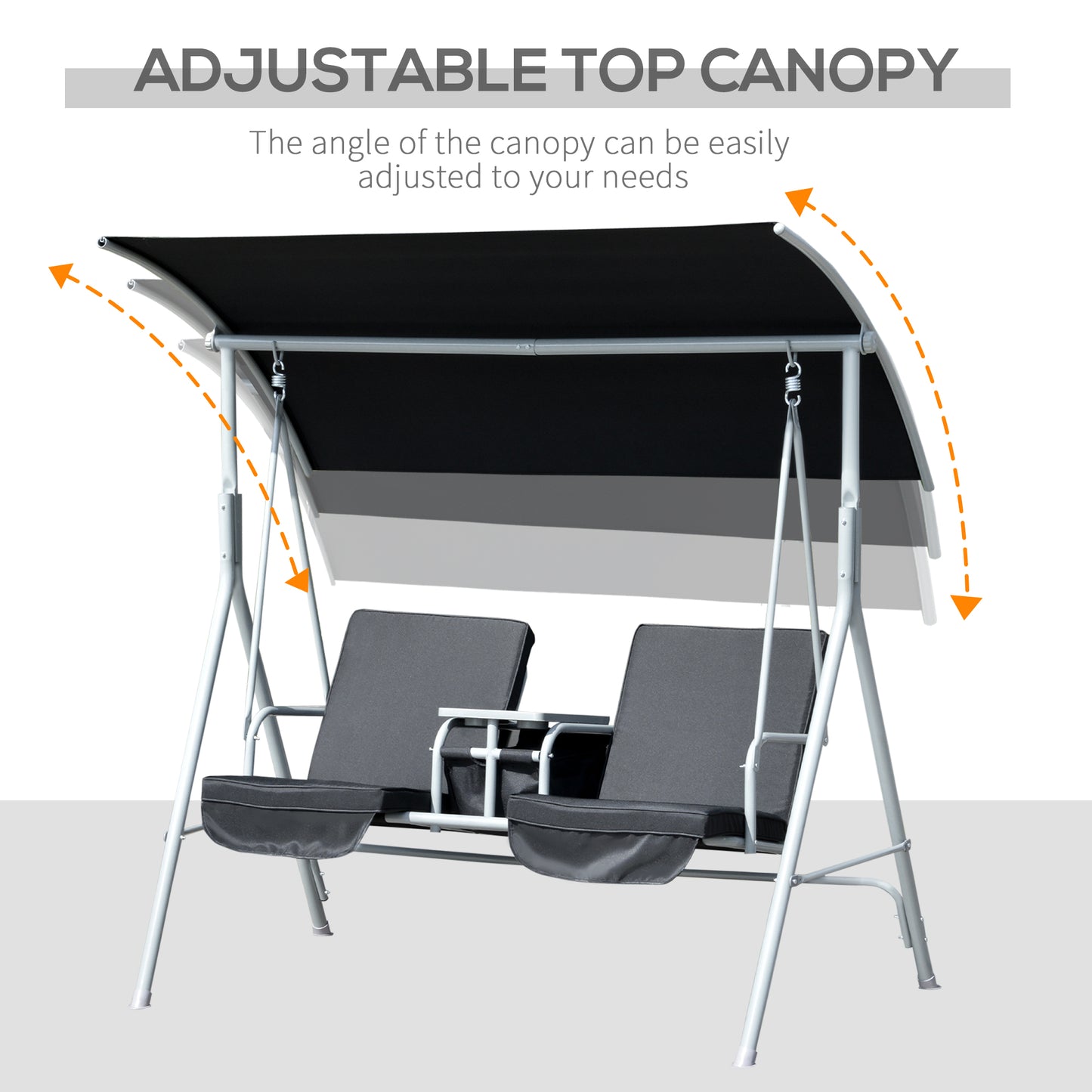 Double Outdoor Swing Chair 2 Person Covered Swing Porch Swing w/ Pivot Table and Storage Console, Black - Gallery Canada