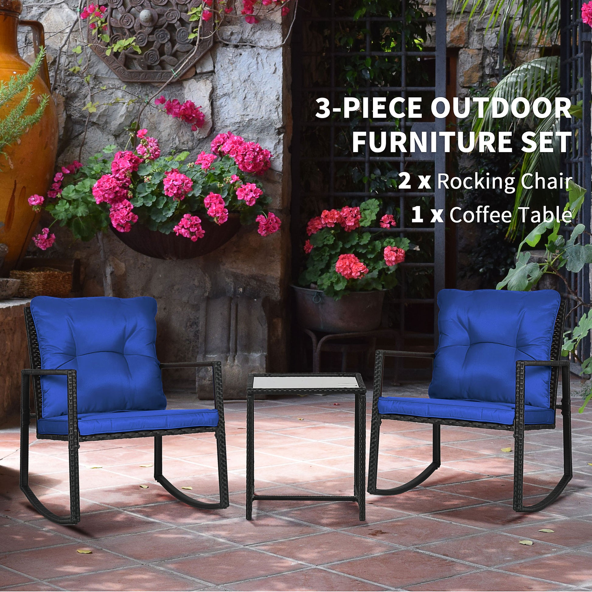 Outdoor Wicker Rocking Bistro Set with Cushions and Glass Table, Blue Outdoor Rocking Chairs   at Gallery Canada