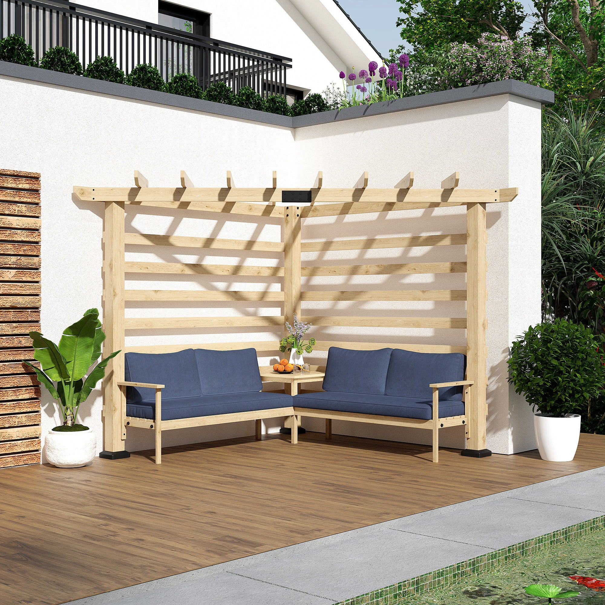 9' x 9' Corner Pergola with Conversation Set and Cushions, Fir Wood Outdoor Pergola with End Table, Natural and Blue Pergolas   at Gallery Canada