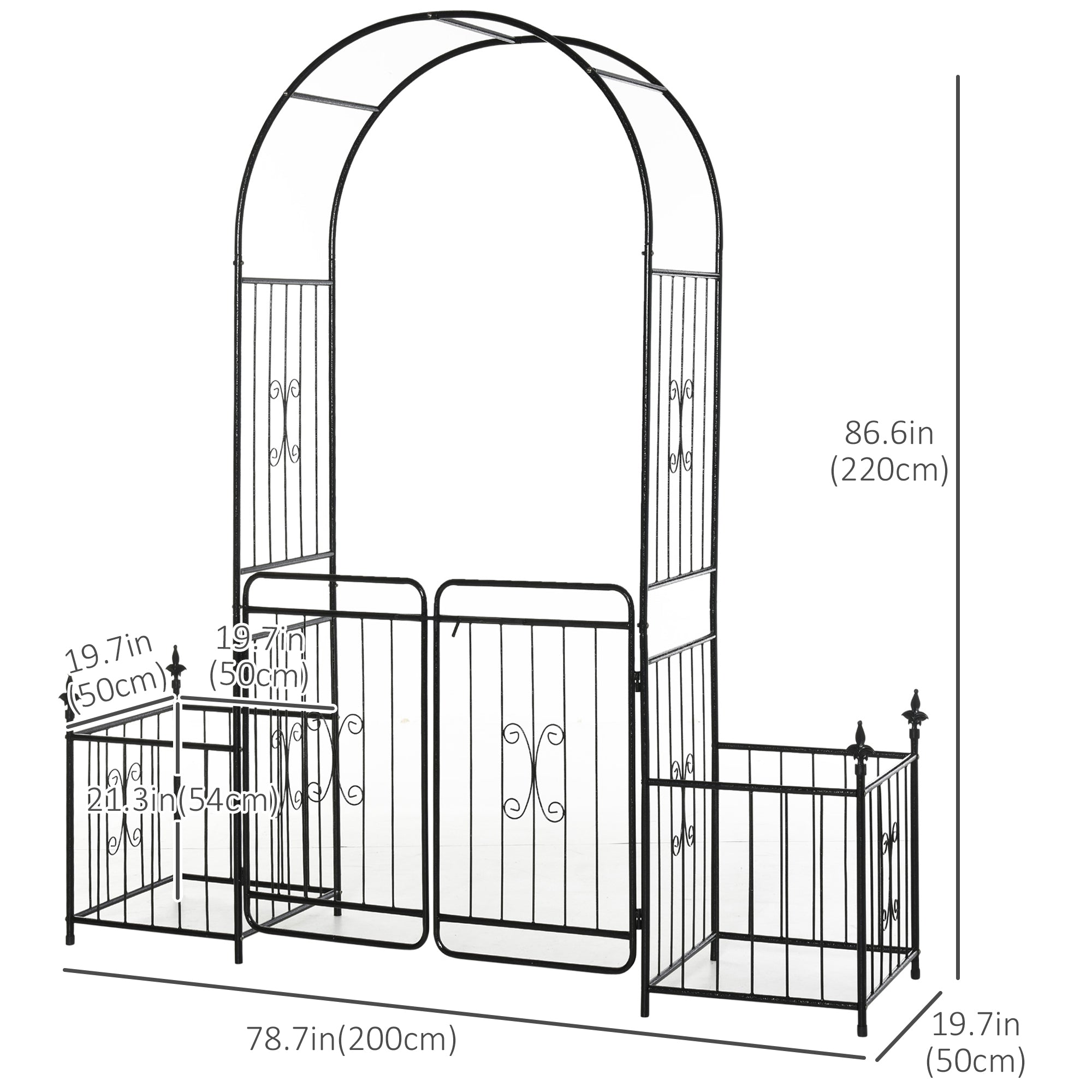 7.2FT Metal Garden Arbor Arch with Double Doors, 2 Side Planter Baskets, Climbing Vine Frame, Black Garden Arches   at Gallery Canada