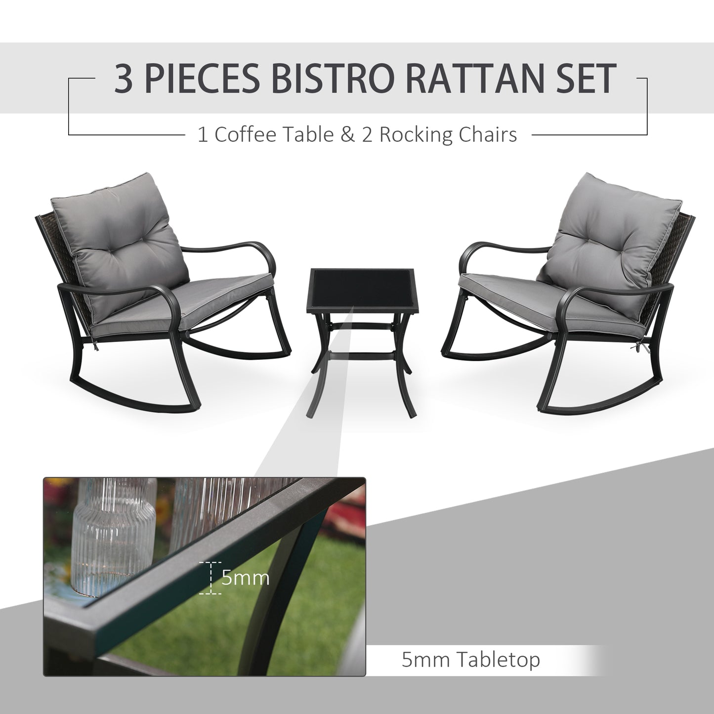 Outdoor PE Rattan Rocking Chair Set with Cushions & Table, Dark Grey Outdoor Rocking Chairs   at Gallery Canada