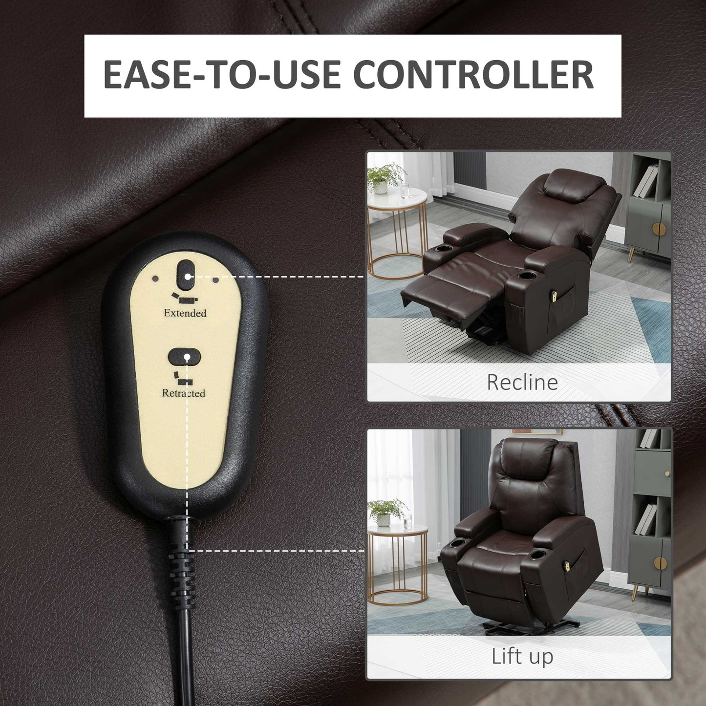 Power Lift Chair for Elderly, PU Leather Recliner Sofa Chair with Footrest, Remote Control, Side Pockets and Cup Holders, Brown Electric Power Lift Chairs   at Gallery Canada