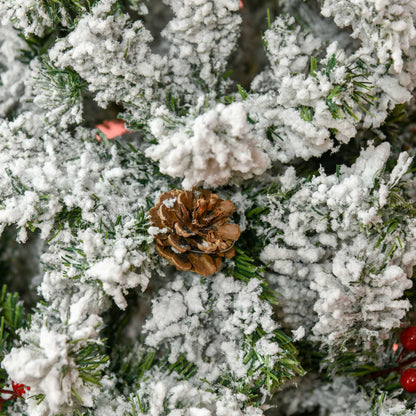 7.5 Foot Pencil Snow Flocked Artificial Christmas Tree with 950 Pine Realistic Branches, Pine Cones, Red Berries, Auto Open, Green Pencil Christmas Trees   at Gallery Canada