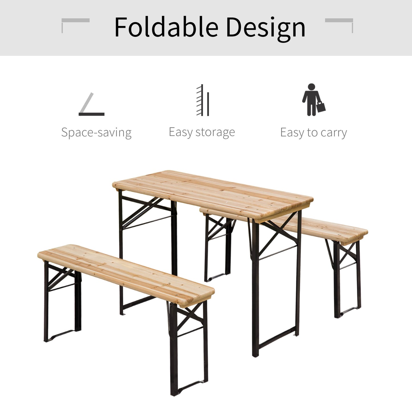 3 Pieces Folding Picnic Table Set, Portable Folding Picnic Table Set, 1 Picnic Table and 2 Benches, Natural Bistro Sets   at Gallery Canada