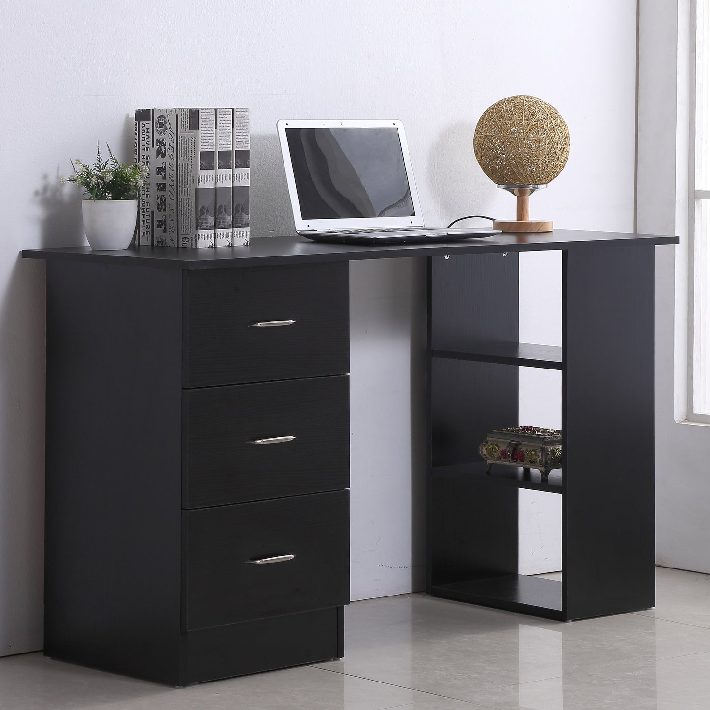 Computer Desk with 3-Tier Storage Shelves, 47 Inches Home Office Desk with Drawers, Study Writing Table, Black Writing Desks   at Gallery Canada