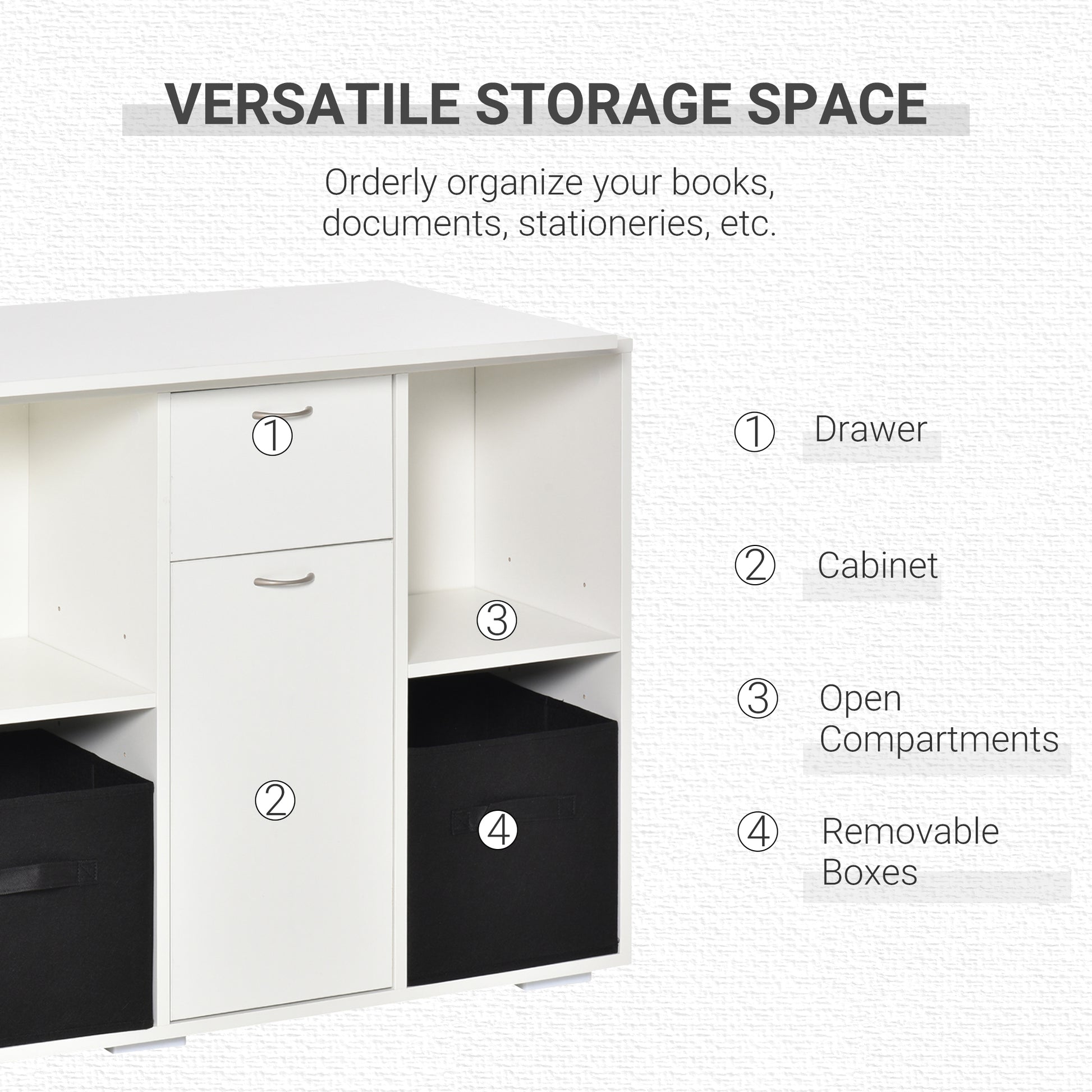 Convertible L-Shaped Computer Desk, Corner Table wth 3 Fabric Storage Boxes, Retractable Home Office Desk, White Writing Desks   at Gallery Canada