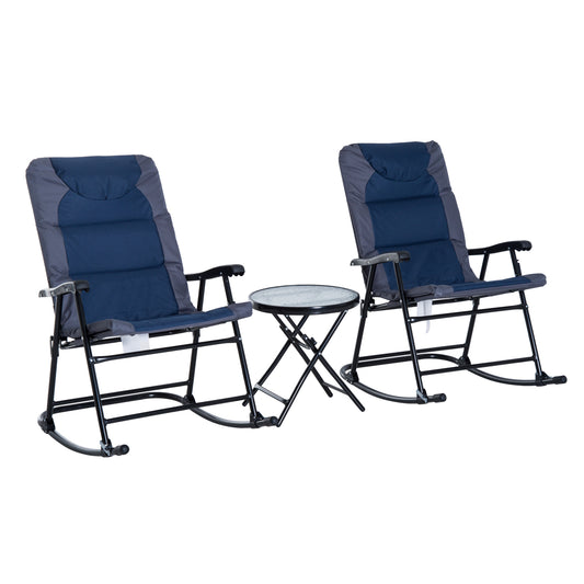3pc Patio Foldable Rocking Chair Set, Outdoor Rocking Chairs and Table Bistro Set w/ Padded Seat, Headrest, Backrest for park, backyard, garden, Blue - Gallery Canada