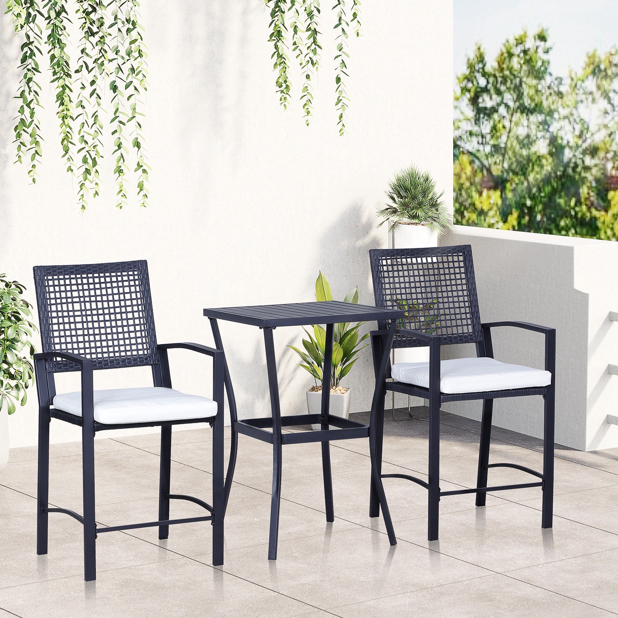 3 Pieces Outdoor Wicker Bar Set, Classic Bistro Bar Set Garden Rattan Style Patio Bar Table &; High Chairs w/ Cushions Home Bar Furniture Cream White Bistro Sets   at Gallery Canada