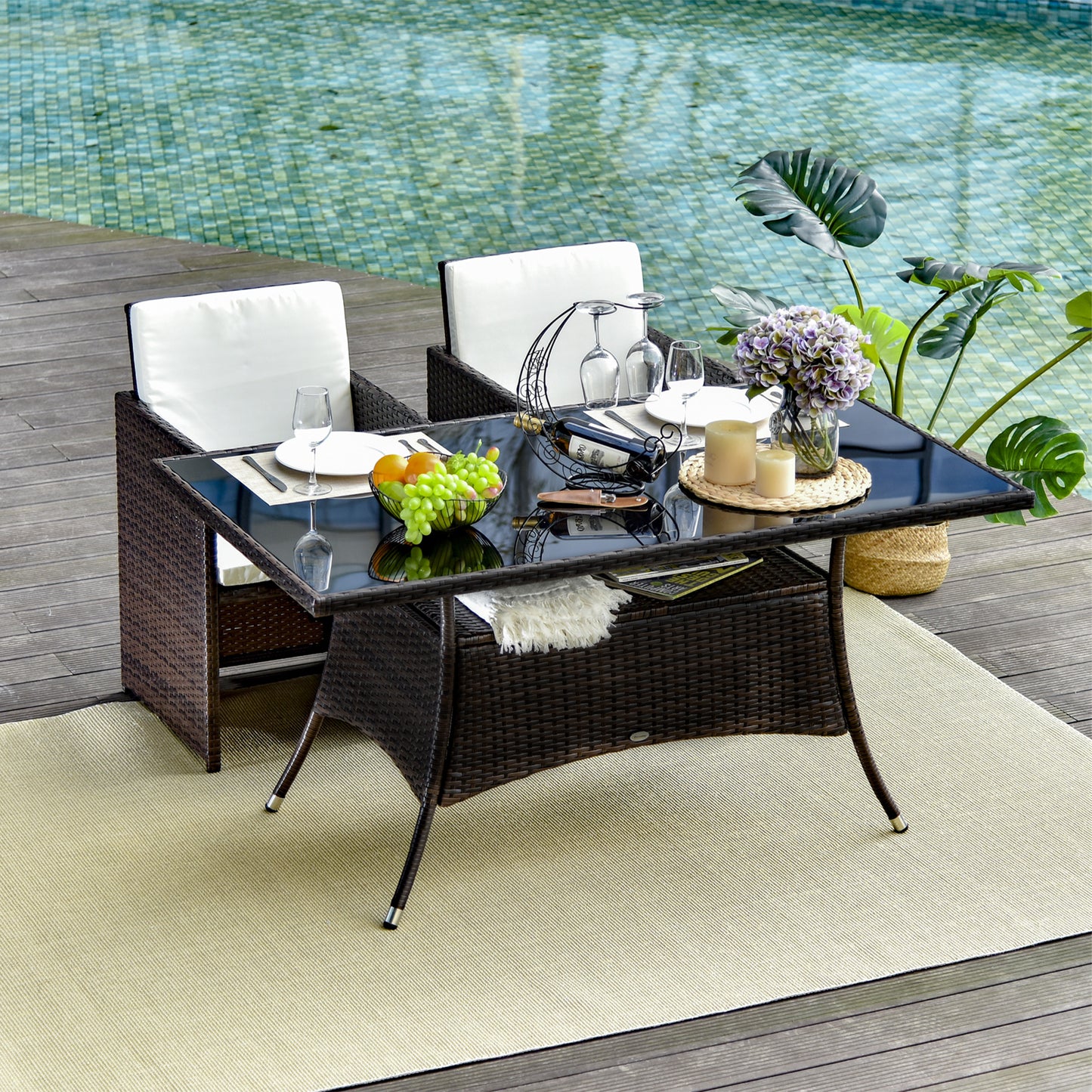 Garden Dining Table, Patio Rattan Dining Table with Glass Top, Storage Shelf for Yard, 59" x 34" x 29", Brown Patio Dinning Tables   at Gallery Canada