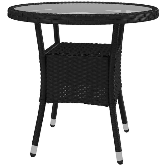 Φ31.5" Outdoor Wicker Dining Table, PE Rattan Patio Furniture with 2-Tier Storage Shelf, Metal Frame Round Garden Table with Glass Top Table, Black Patio Dinning Tables Black  at Gallery Canada