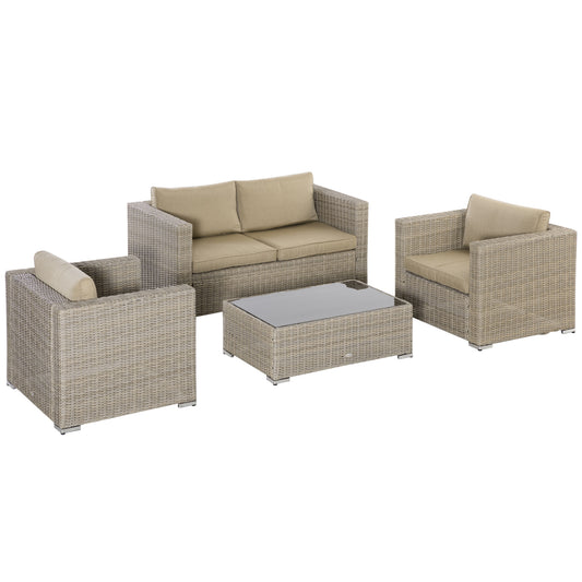 4 Pieces Patio Wicker Furniture Set, Outdoor PE Rattan Sofa Set, Sectional Conversation All Weather Resistant Sofa Furniture, w/ Extra Wide Seat, Cushion &; Glass Top Table, Beige - Gallery Canada