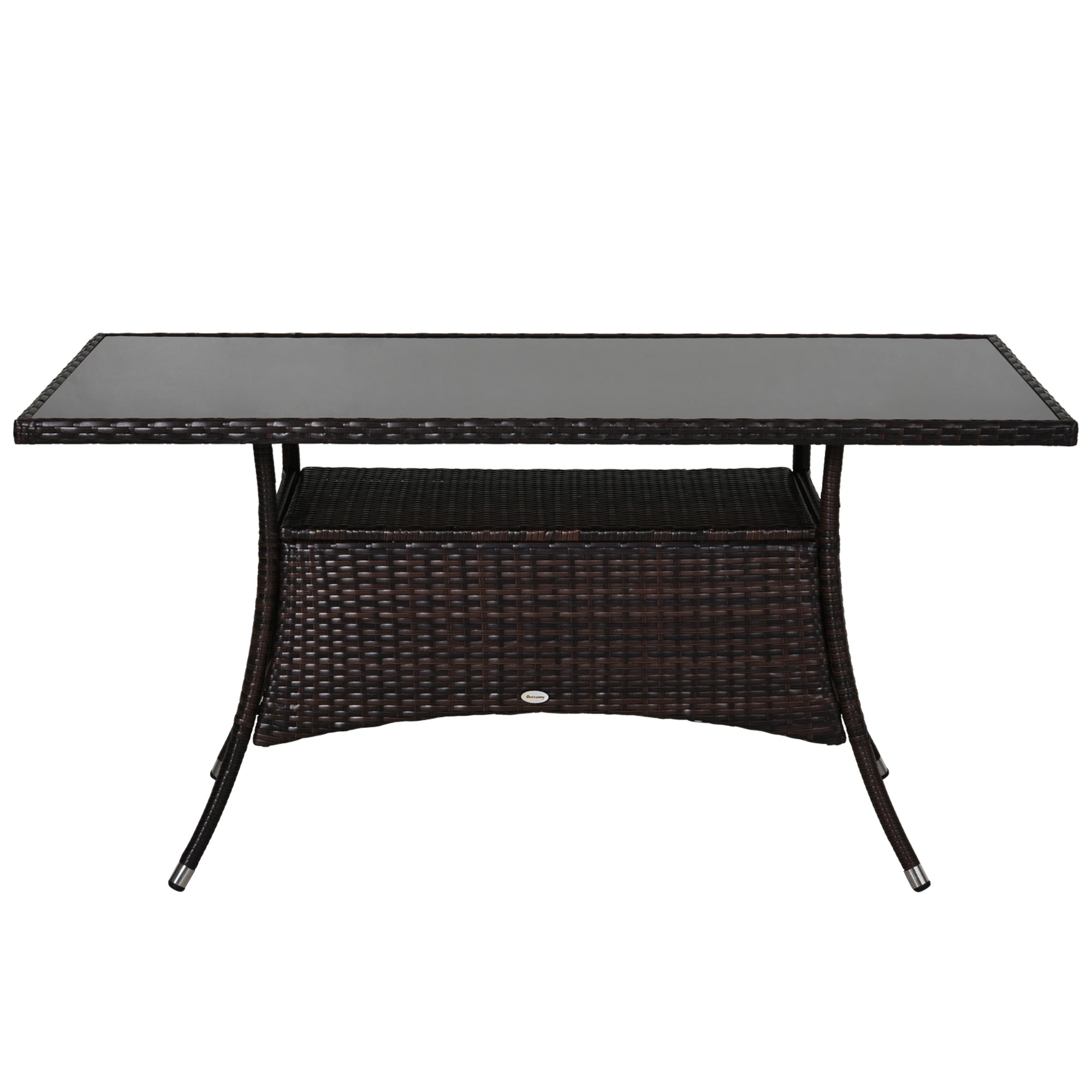 Garden Dining Table, Patio Rattan Dining Table with Glass Top, Storage Shelf for Yard, 59