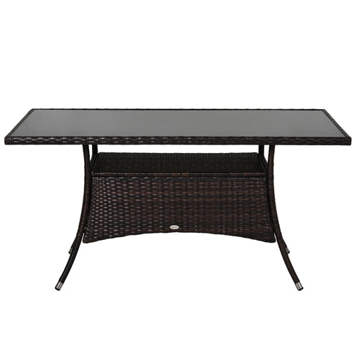 Garden Dining Table, Patio Rattan Dining Table with Glass Top, Storage Shelf for Yard, 59