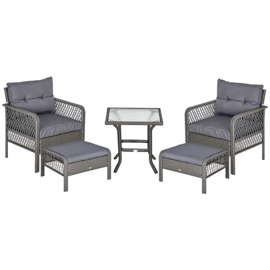 5 Pieces Wicker Patio Furniture Set with 4" Thick Cushions, Outdoor PE Rattan Conversation Set Bistro Set with Armchairs and Ottomans, Glass Top Table, Grey - Gallery Canada