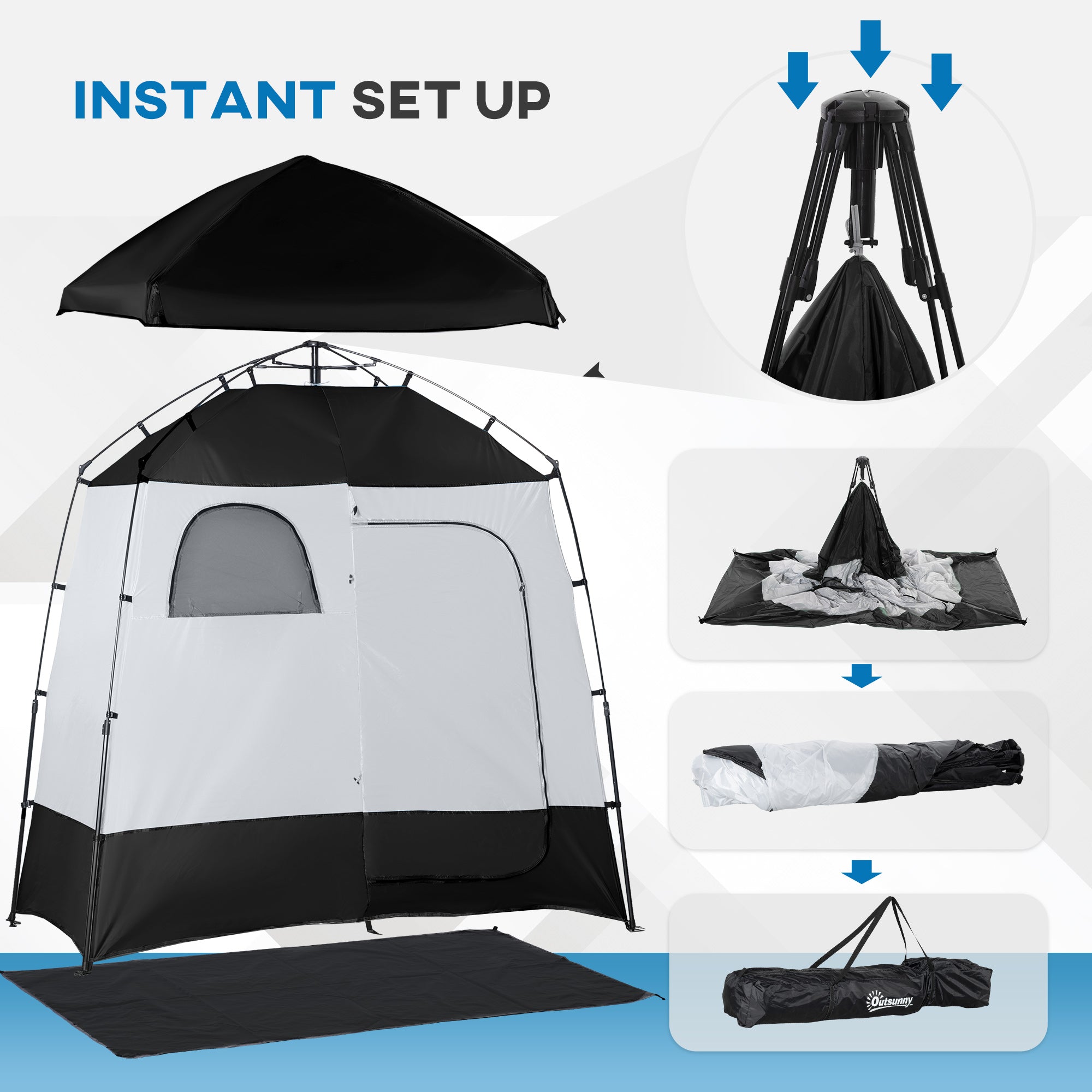 Pop Up Shower Tent, Portable Privacy Shelter for 2 Persons, Changing Room with 2 Windows, 3 Doors, Carrying Bag, Grey and Black Camping Tents   at Gallery Canada