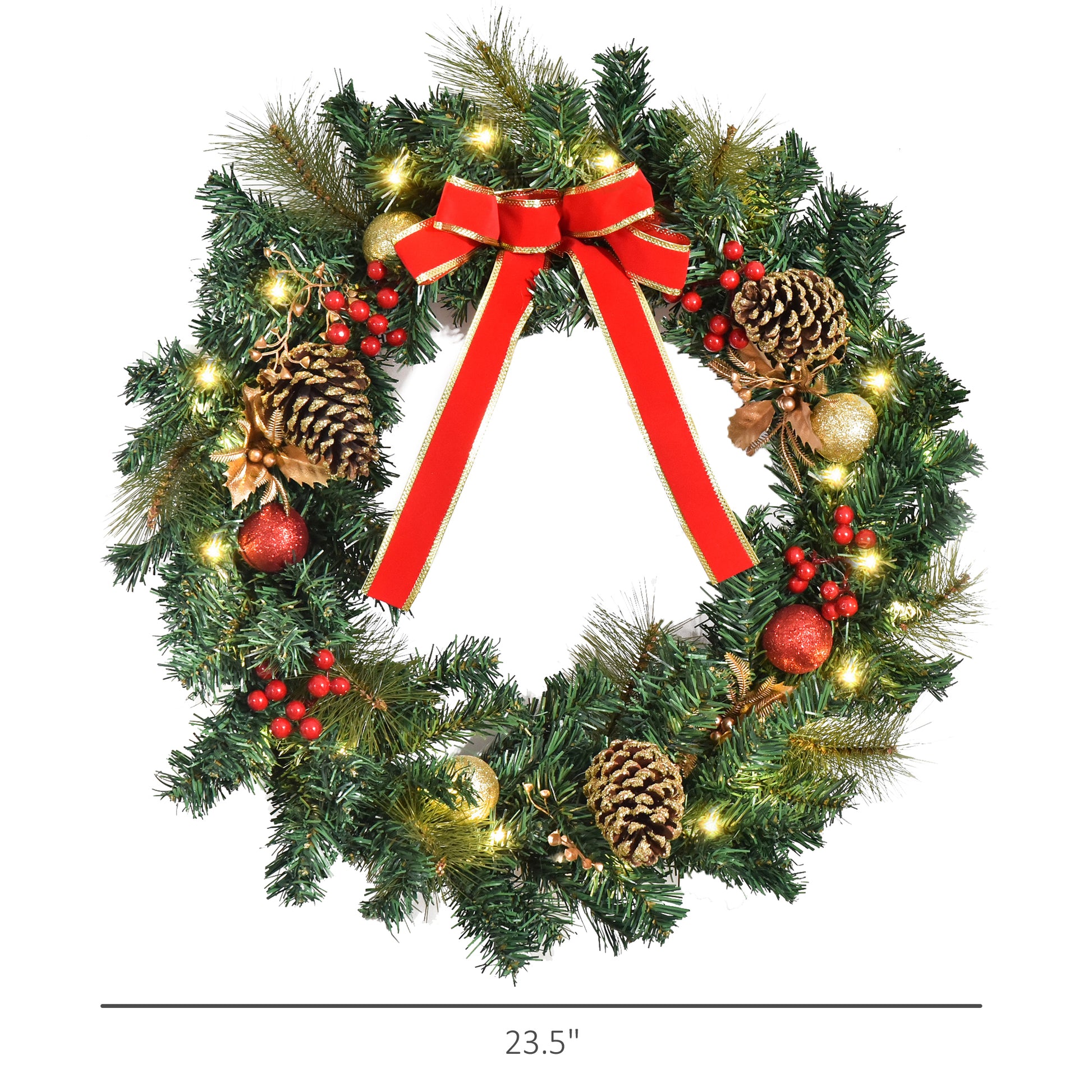 Christmas Wreath 24" Pre-Lit Artificial Greenery Xmas Spruce Wreath Cones Red Berries 20 LED Lights Battery Operated Christmas Wreaths   at Gallery Canada