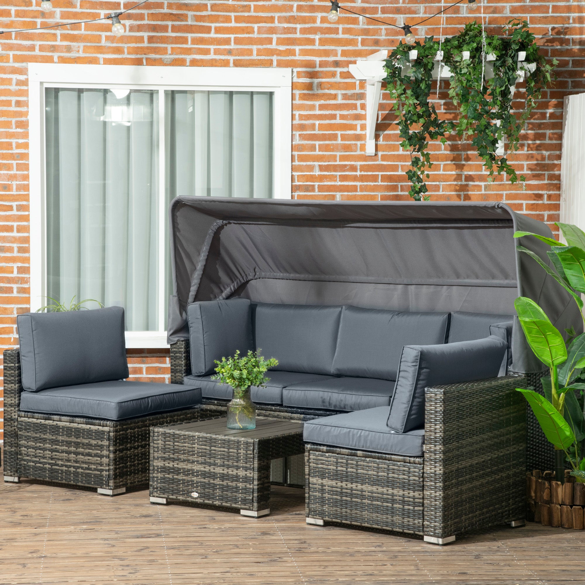 4 Pieces Patio Furniture Set, Rattan Wicker Outdoor Sectional Sofa with Retractable Canopy, Cushions, 3-Seater Sofa for Backyard, Garden, Gray Patio Furniture Sets   at Gallery Canada