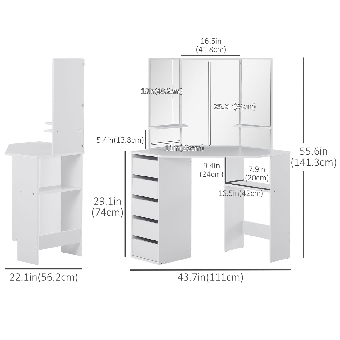 Corner Dressing Table, Makeup Desk with Tri-Fold Mirror and 5 Drawers, White Dressing & Vanity Tables   at Gallery Canada