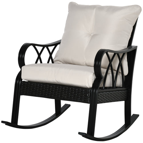 Outdoor Wicker Rocking Chair with Padded Cushions for Garden, Patio, and Backyard, Khaki